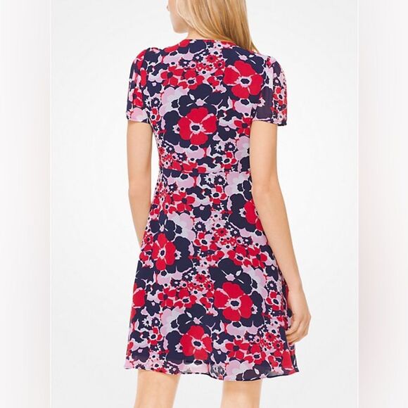 Michael Kors V-Neck Floral Dress Short Sleeve Pockets Pink Red Blue Size 4 NWT - Picture 3 of 16